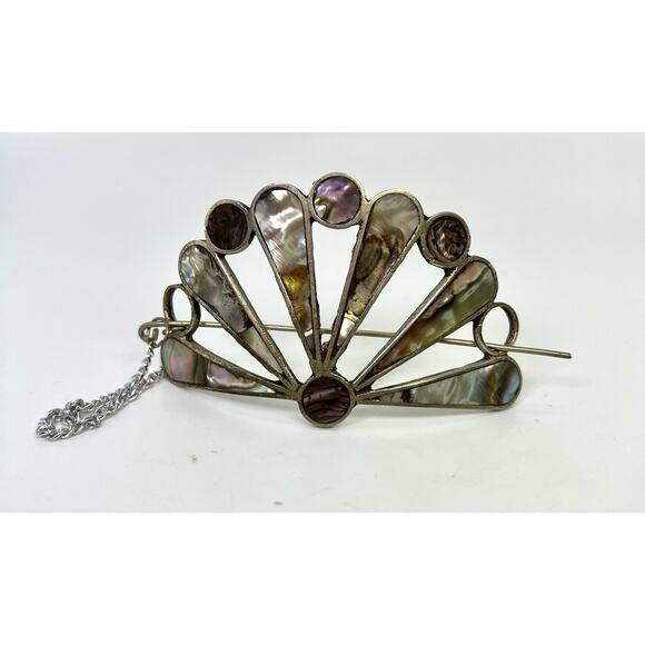 Vintage Alpaca Silver Mexico Abalone Mother Of Pearl Inlay Hair Barrette Clip 3” - Picture 5 of 9